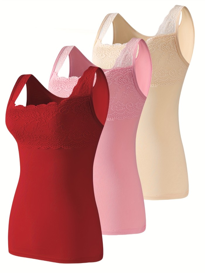 3pcs Simple Solid Contrast Lace Tank Top, All-match Vest Top, Women's Lingerie & Underwear