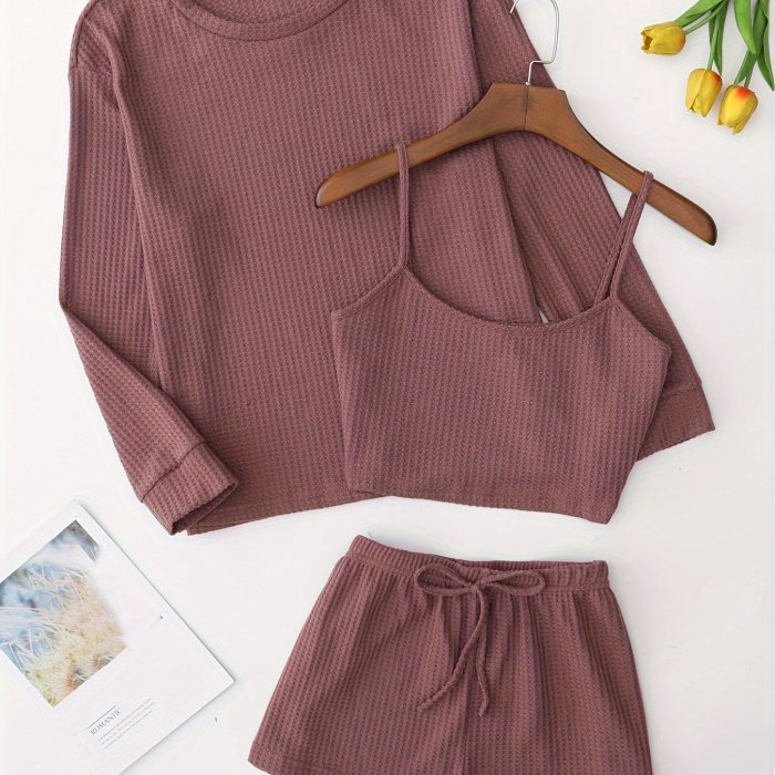 Solid Waffle Lounge Set, Casual Long Sleeve Crew Neck Top & Cami Top & Elastic Waistband Shorts, Women's Loungewear & Sleepwear for fall & winter