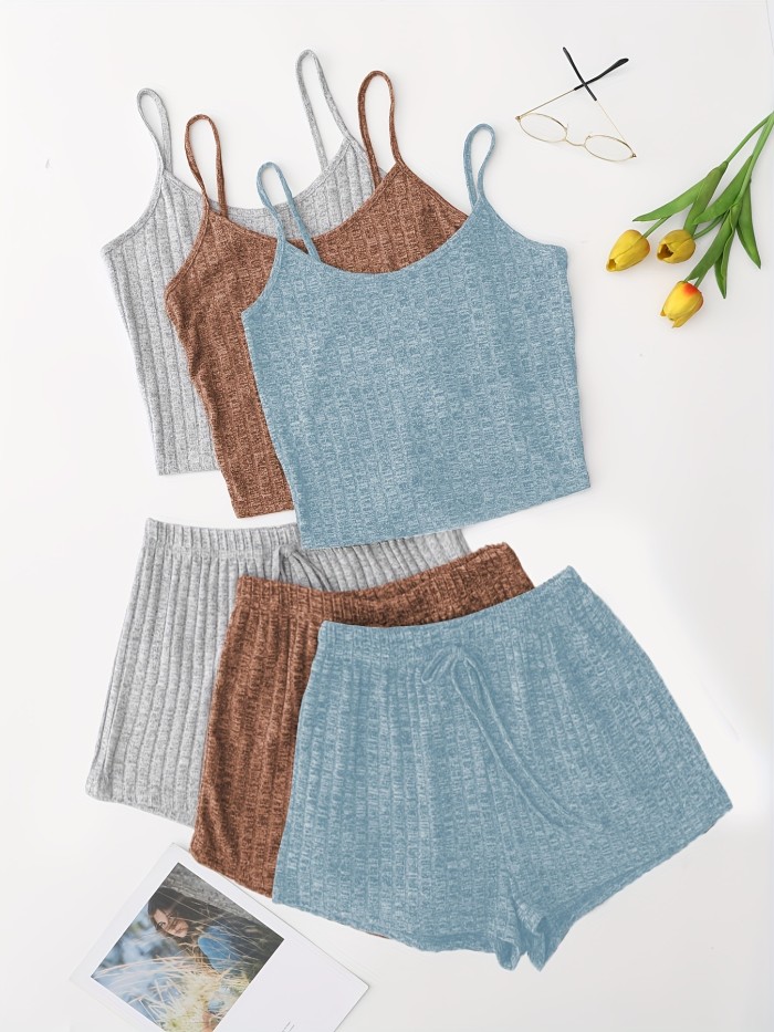 3 Sets Solid Pajama Set, Round Neck Cami Top & Lace-up Shorts, Women's Sleepwear & Loungewear