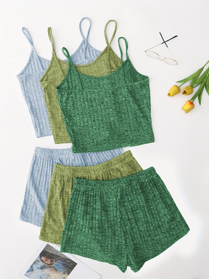 3 Sets Solid Pajama Set, Round Neck Cami Top & Lace-up Shorts, Women's Sleepwear & Loungewear
