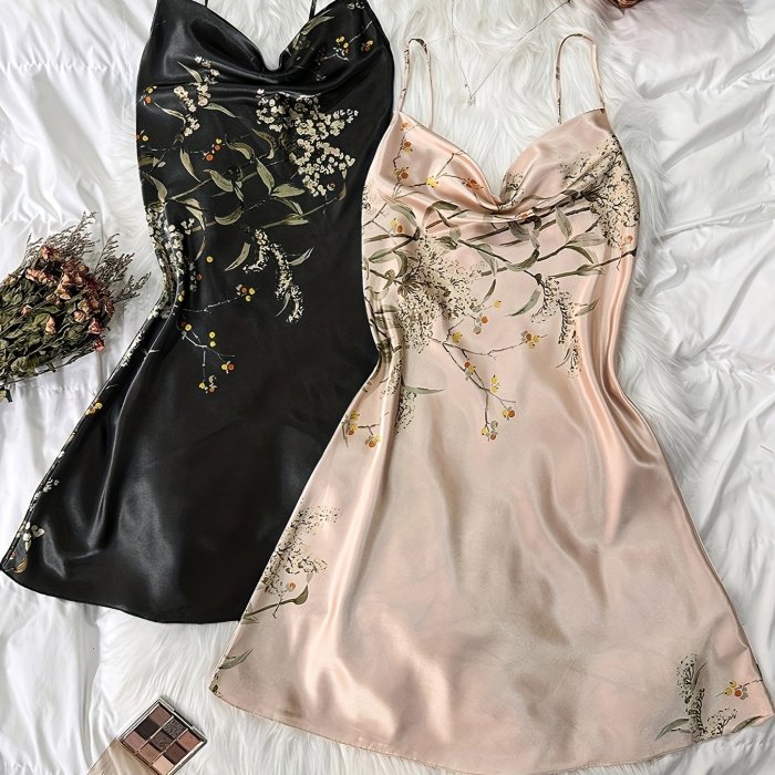2pcs Floral Print Nightdress, Draped Collar Backless Sleep Dress, Women's Sleepwear & Dresses