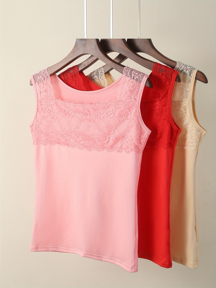 3pcs Simple Solid Contrast Lace Tank Top, All-match Vest Top, Women's Lingerie & Underwear