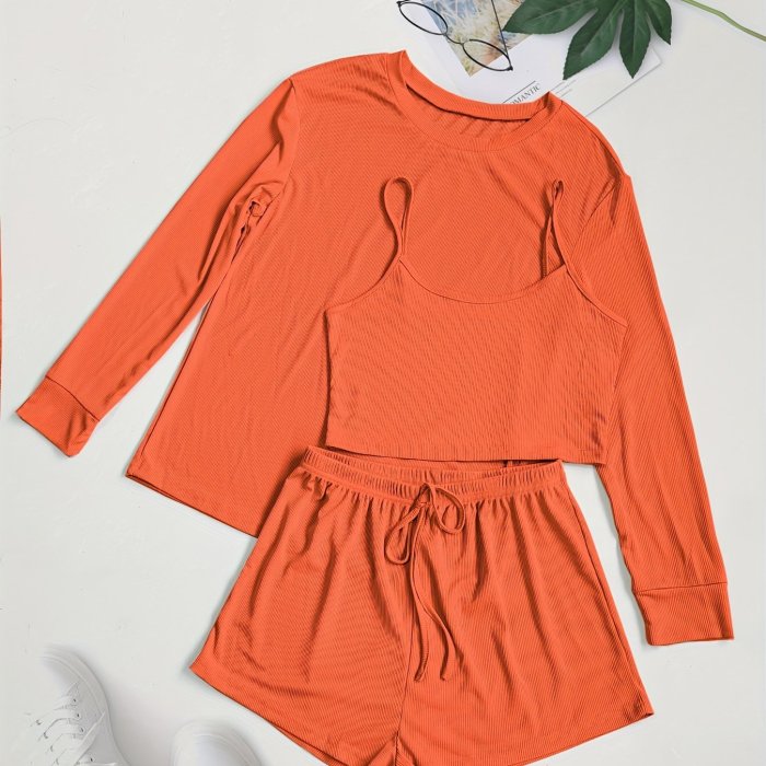 Solid Waffle Lounge Set, Casual Long Sleeve Crew Neck Top & Cami Top & Elastic Waistband Shorts, Women's Loungewear & Sleepwear for fall & winter
