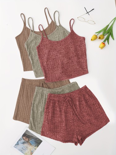 3 Sets Solid Pajama Set, Round Neck Cami Top & Lace-up Shorts, Women's Sleepwear & Loungewear