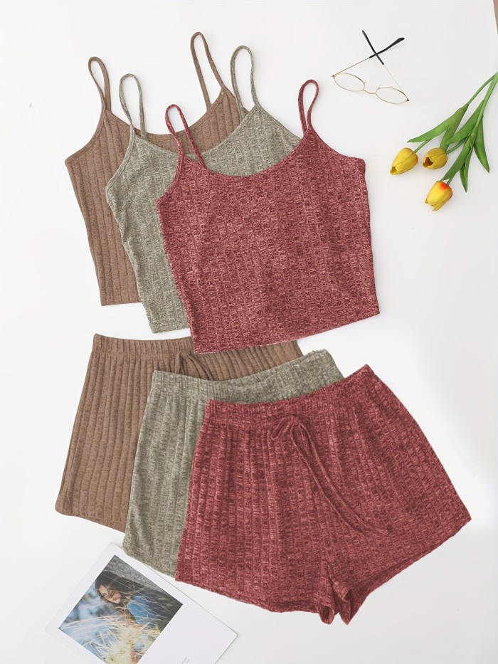 3 Sets Solid Pajama Set, Round Neck Cami Top & Lace-up Shorts, Women's Sleepwear & Loungewear