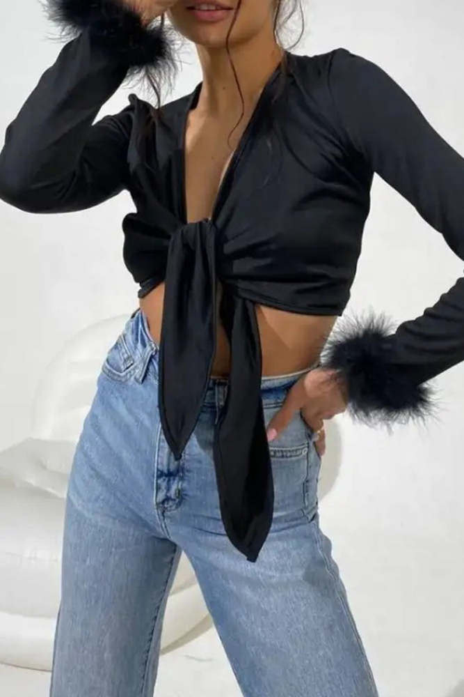 Sexy Solid Feathers Knotted V Neck Tops(4 Colors)