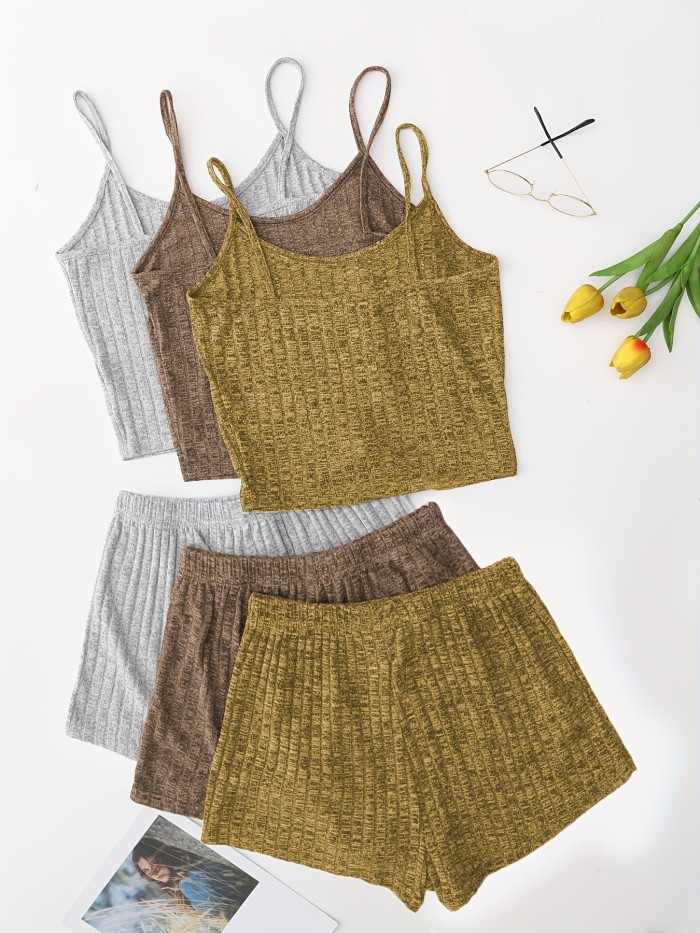 3 Sets Solid Pajama Set, Round Neck Cami Top & Lace-up Shorts, Women's Sleepwear & Loungewear