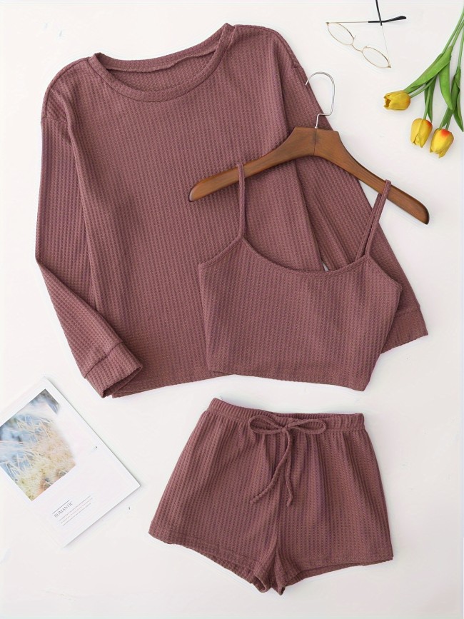 Solid Waffle Lounge Set, Casual Long Sleeve Crew Neck Top & Cami Top & Elastic Waistband Shorts, Women's Loungewear & Sleepwear for fall & winter