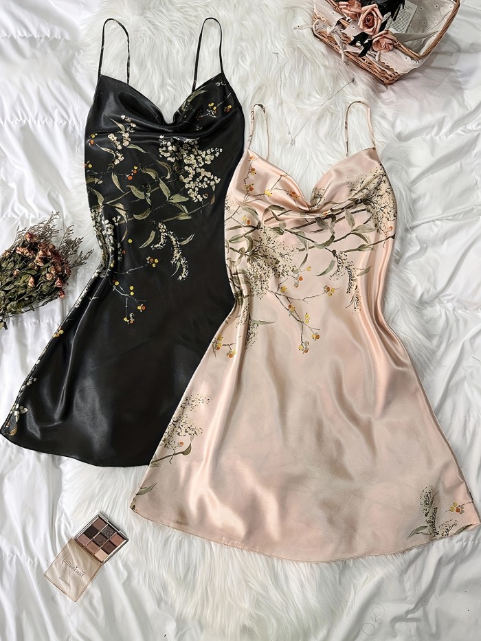 2pcs Floral Print Nightdress, Draped Collar Backless Sleep Dress, Women's Sleepwear & Dresses