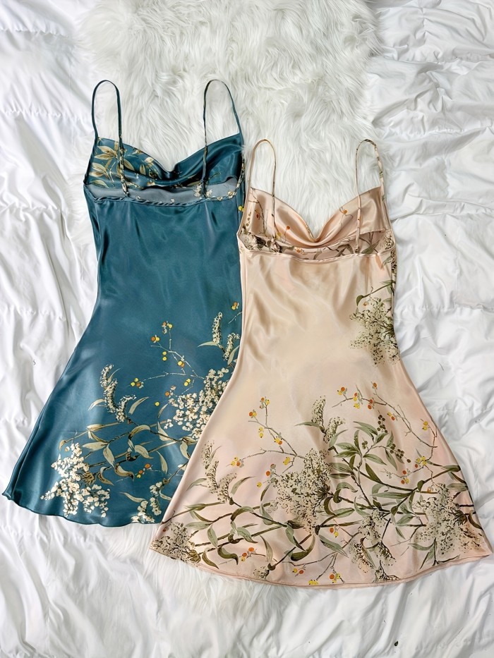 2pcs Floral Print Nightdress, Draped Collar Backless Sleep Dress, Women's Sleepwear & Dresses