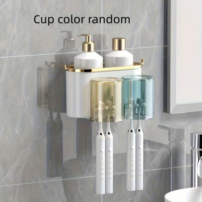 Toothpaste Dispenser With Toothbrush Holder, Wall Mounted Toothbrush Organizer With Gargle Cups