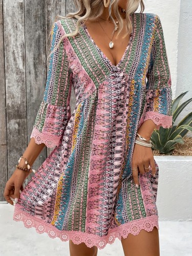 Lace Splicing V-neck Dress, Vacation Style Half Sleeve Trapeze Dress For Spring & Summer, Women's Clothing