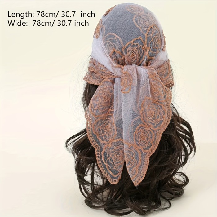 30.7  Embroidered Flower Square Scarf, Thin Breathable Sunscreen Gauze Headscarf, Leisure Style Decorative Head Wrap