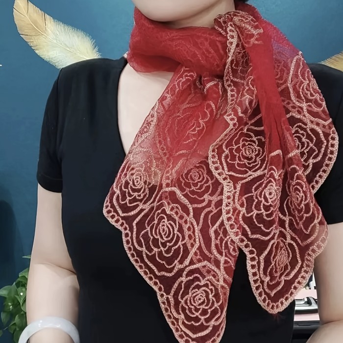30.7  Embroidered Flower Square Scarf, Thin Breathable Sunscreen Gauze Headscarf, Leisure Style Decorative Head Wrap