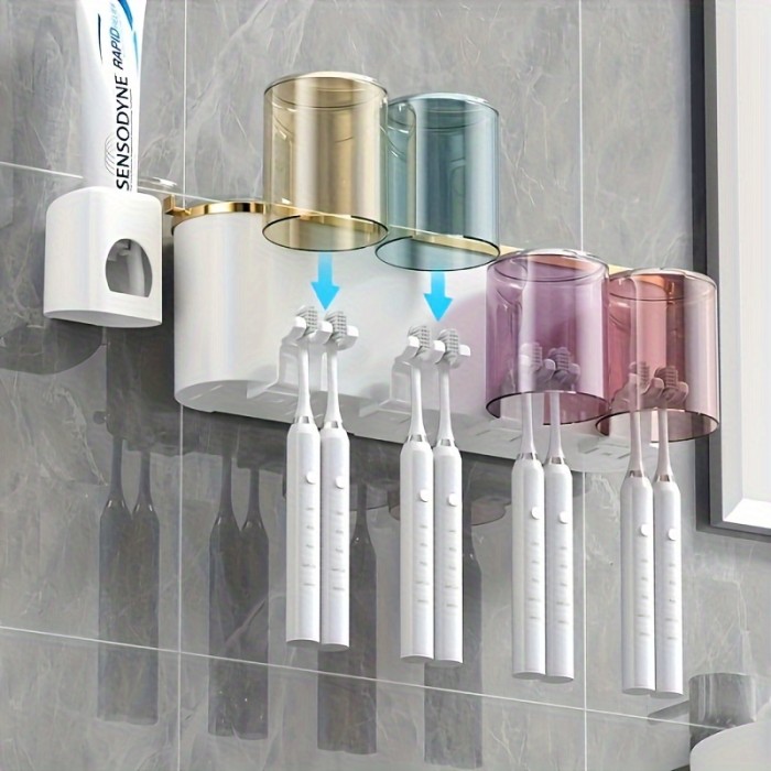 Toothpaste Dispenser With Toothbrush Holder, Wall Mounted Toothbrush Organizer With Gargle Cups
