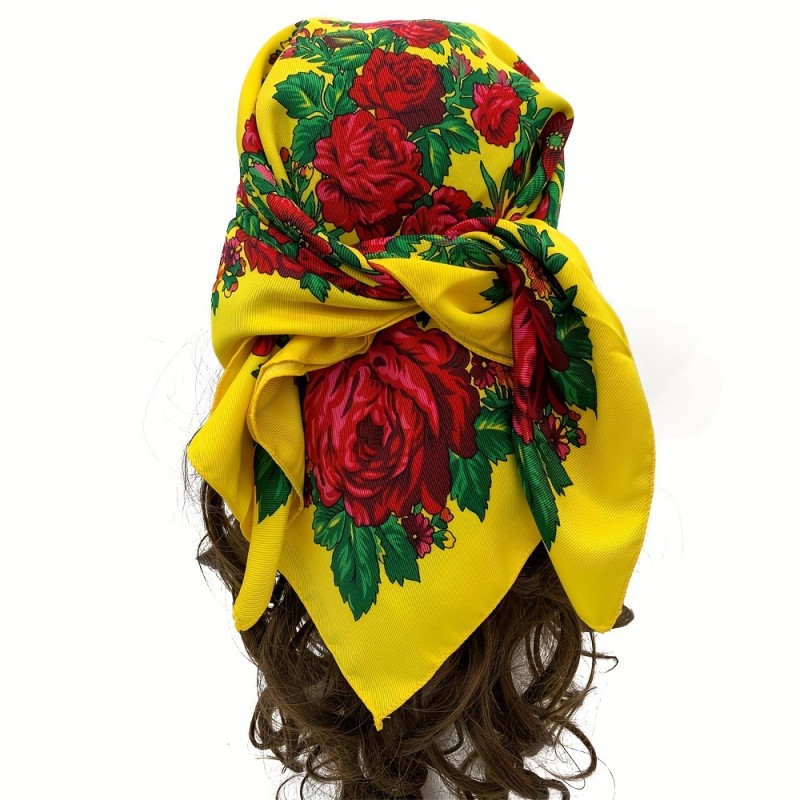 27.56  Russian Flower Printed Square Scarf, Boho Style Thin Warm Sunscreen Headscarf, Outdoor Windproof Bandana For Women