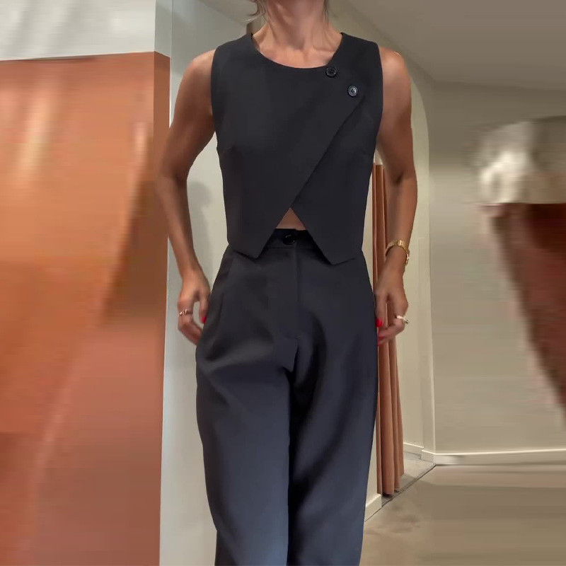 Women's Fashion Solid Color Round Neck Button Top Temperament Straight Leg Pants Set