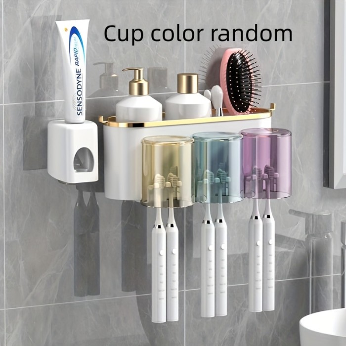 Toothpaste Dispenser With Toothbrush Holder, Wall Mounted Toothbrush Organizer With Gargle Cups