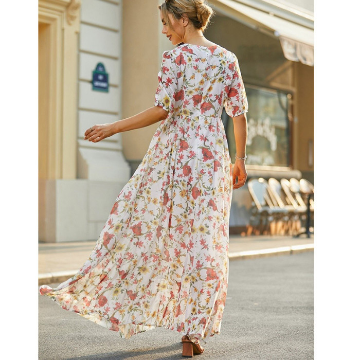 Women's Fashion Printed Round Neck Elegant High Waist Party Dress