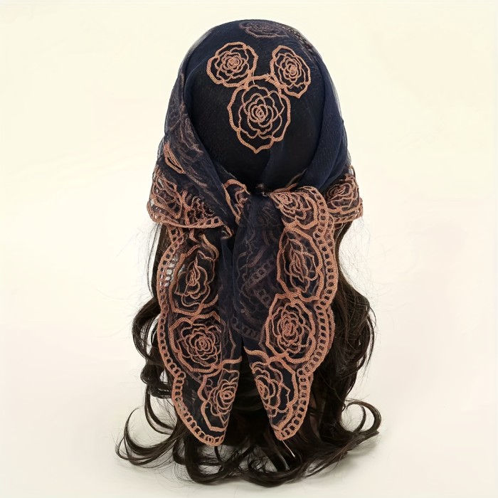 30.7  Embroidered Flower Square Scarf, Thin Breathable Sunscreen Gauze Headscarf, Leisure Style Decorative Head Wrap