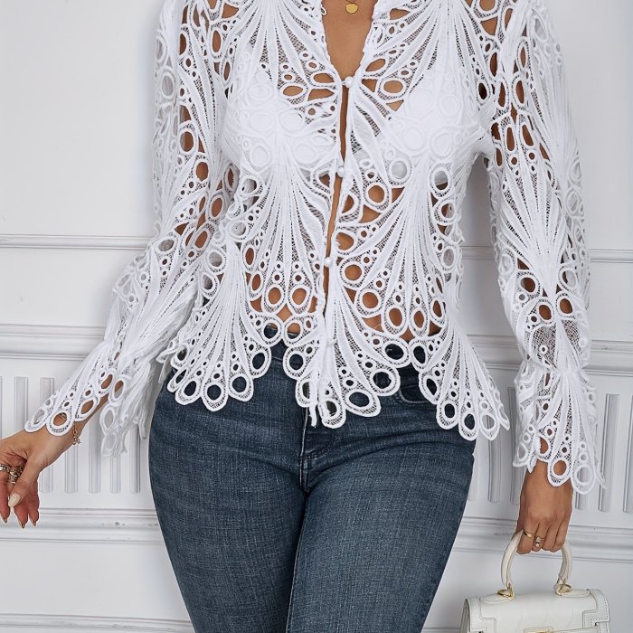 Cut Out Asymmetrical Blouse, Sexy Solid Nightclub Semi-Sheer Summer Blouse, Women's Clothing