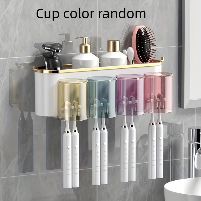 Toothpaste Dispenser With Toothbrush Holder, Wall Mounted Toothbrush Organizer With Gargle Cups
