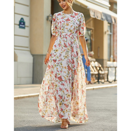 Women's Fashion Printed Round Neck Elegant High Waist Party Dress