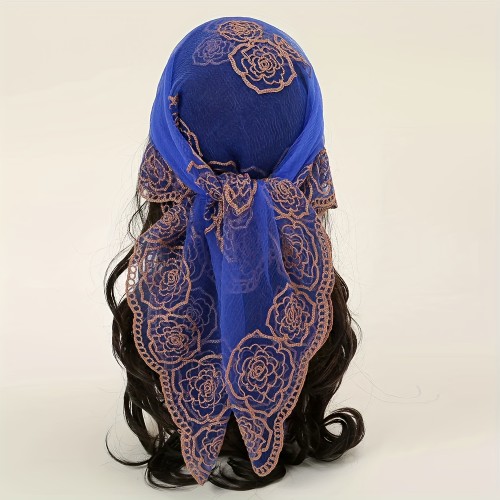 30.7  Embroidered Flower Square Scarf, Thin Breathable Sunscreen Gauze Headscarf, Leisure Style Decorative Head Wrap