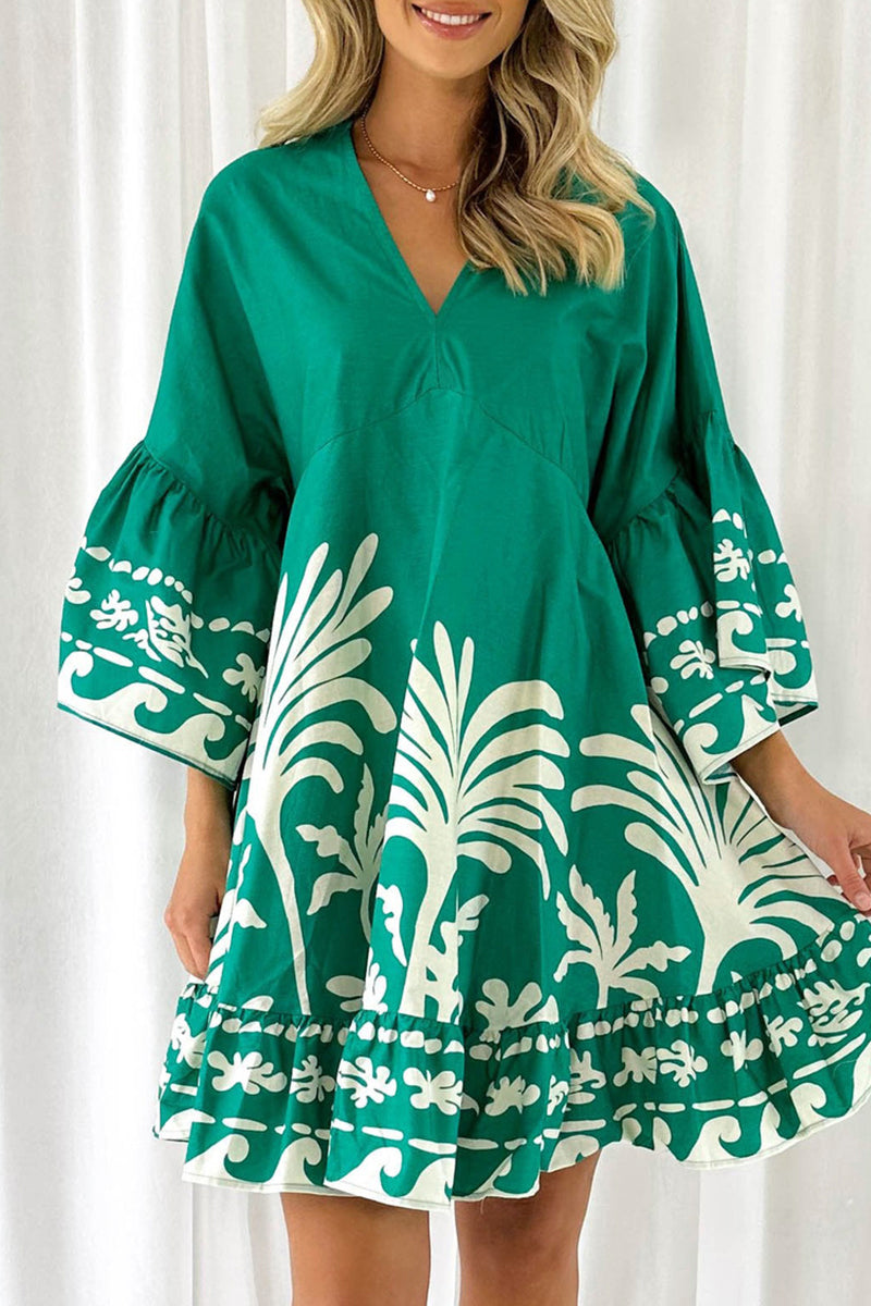 Floral Printed V-Neck Long Sleeves A Line Casual Dress