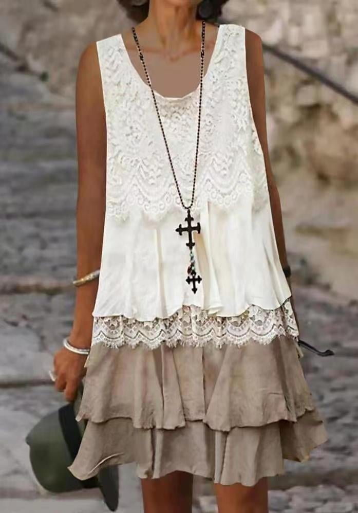 Women's Fashion Lace Stitching Casual Elegant Sleeveless Dress
