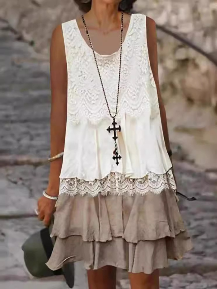 Women's Fashion Lace Stitching Casual Elegant Sleeveless Dress