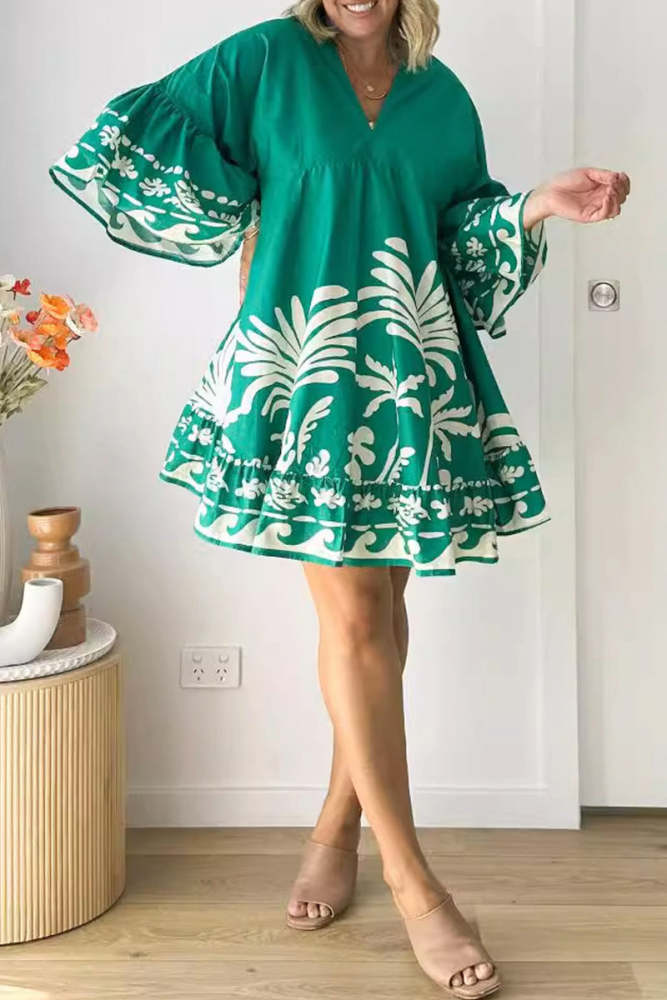 Street Elegant Floral Print Patchwork Contrast V Neck A Line Dresses main image 1