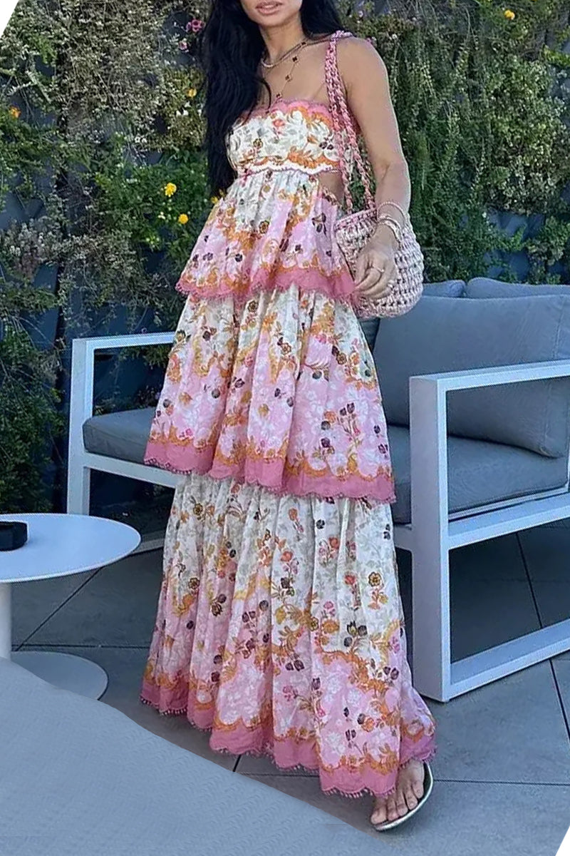 Casual Print Tassel V Neck Cake Skirt Dresses