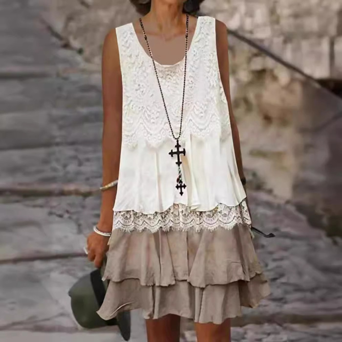 Women's Fashion Lace Stitching Casual Elegant Sleeveless Dress