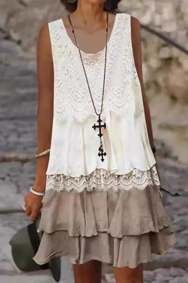 Women's Fashion Lace Stitching Casual Elegant Sleeveless Dress