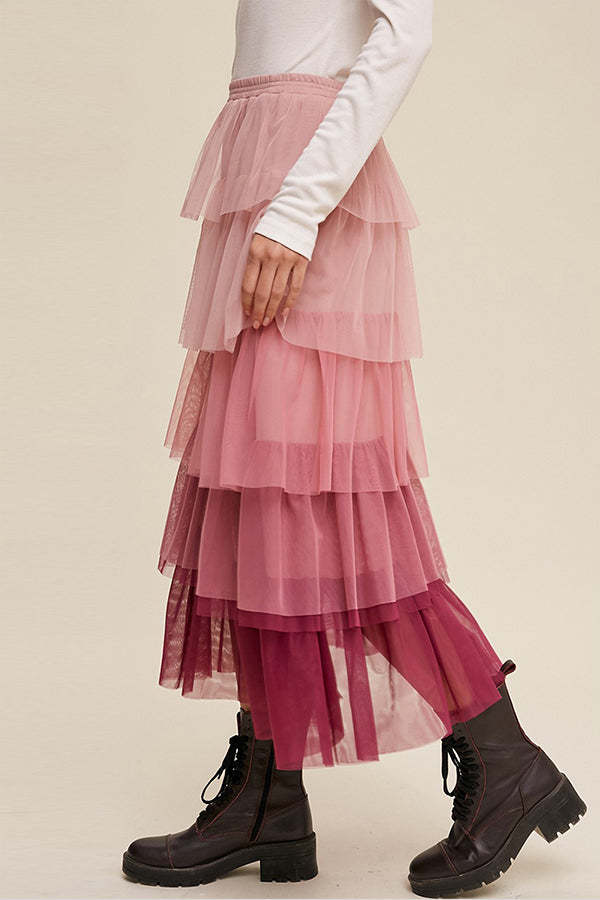 Faux Pearl Studded Tiered Ruffle Maxi Skirt in Dusty Pink main image 1