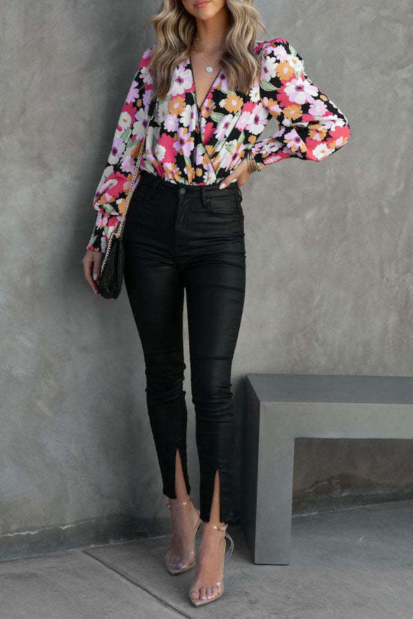 Floral V-neck Cross Design Balloon Sleeve Top
