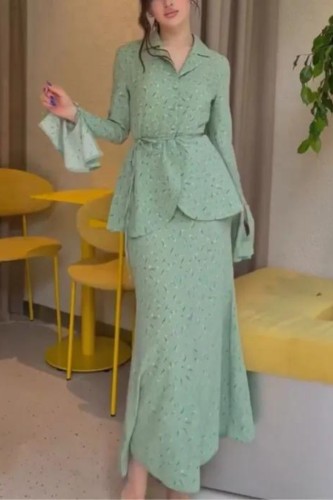 Women's Fashion Floral High Quality Waist Long Sleeve Top Skirt Two-piece Set