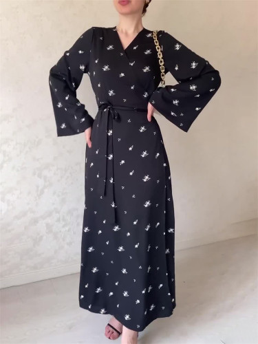Fashion Print Bandage Elegant V Neck Splicing Fashion High Waist Tie Party Maxi Dress