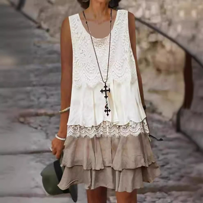 Women's Fashion Lace Stitching Casual Elegant Sleeveless Dress