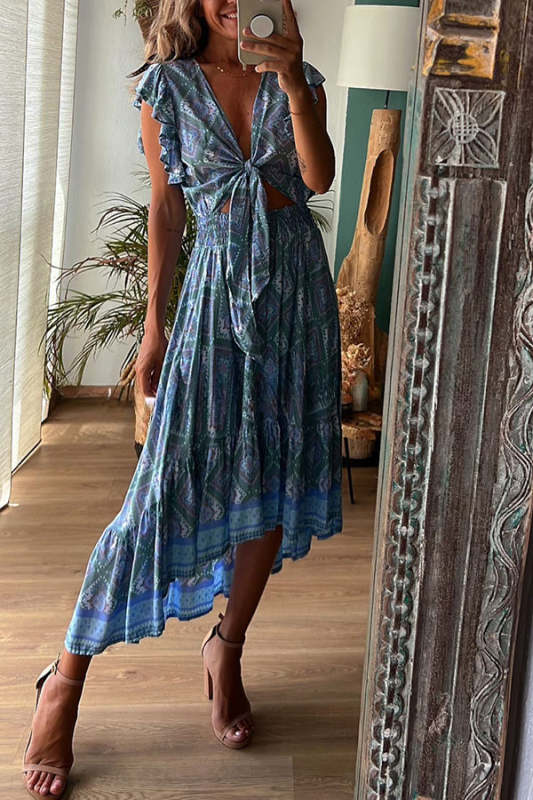 Libby Hippie Boho Printed Tie Front Ruffle Sleeve Smocked Waist Midi Dress