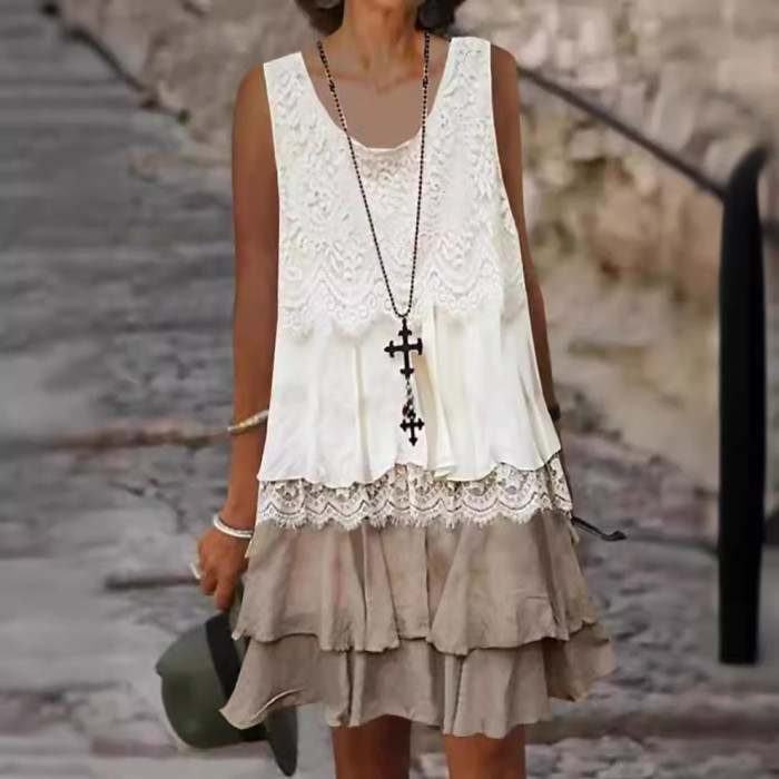 Women's Fashion Lace Stitching Casual Elegant Sleeveless Dress
