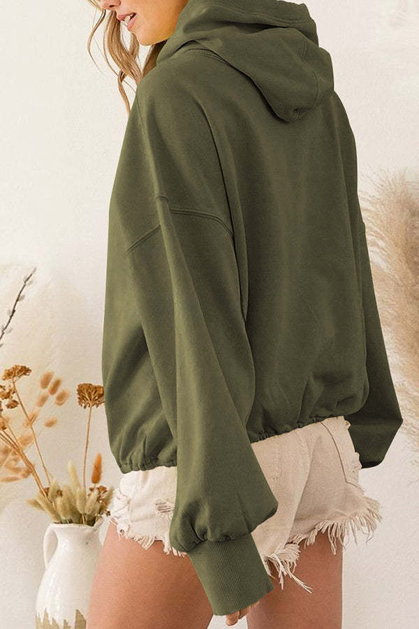 Front Pocket Zip Drawstring Long Sleeve Hoodie