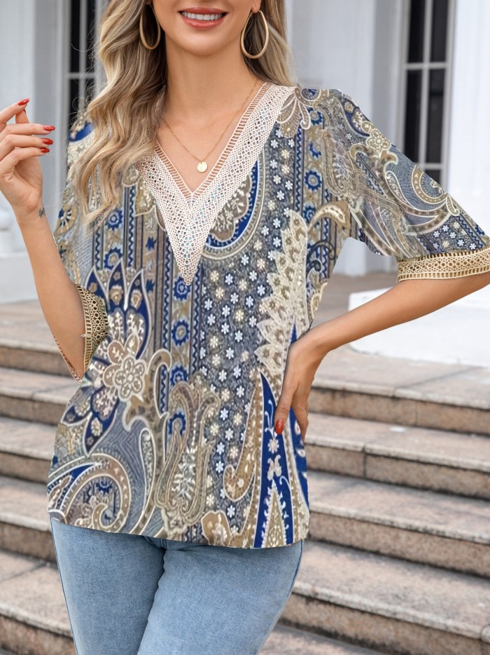 Guipure Lace Paisley Print Top, Vintage V-neck 3\u002F4 Sleeve Top For Spring & Fall, Women's Clothing