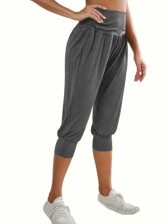 Summer Solid Loose Casual Sports Pants, Yoga Workout Casual Capri Pants, Women's Activewear