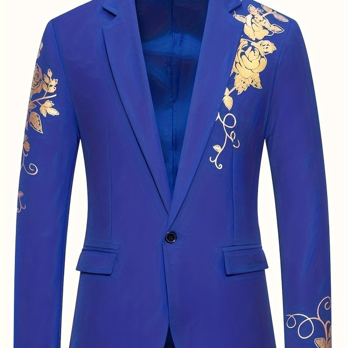 Floral Pattern Blazer, Men's Casual Flap Pocket Lapel Suit Jacket For Spring Fall Business, Old Money Style