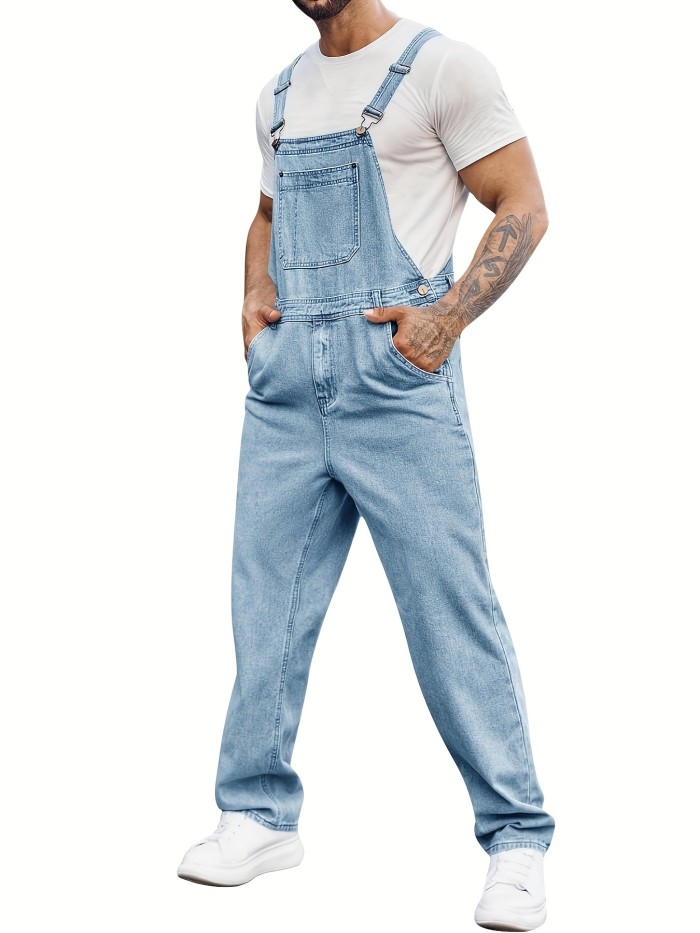 Men's Casual Denim Slim Fit Boot Cut Bib Overalls Jeans With Adjustable Straps