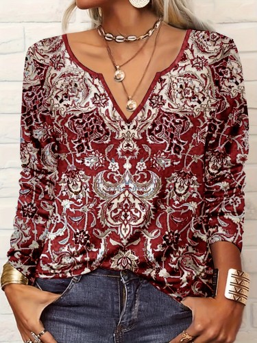 Plus Size Boho Top, Women's Plus Arabesque Print Long Sleeve Notched Neck Tunic Top