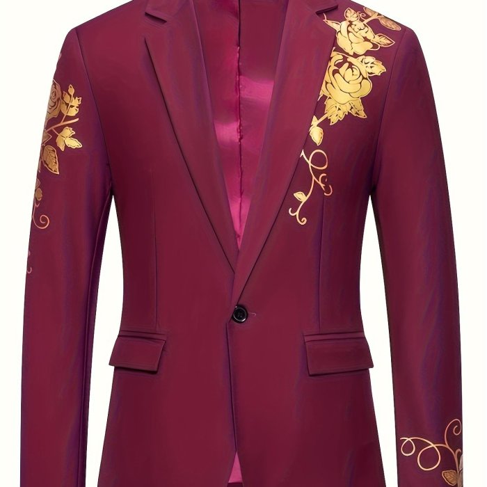Floral Pattern Blazer, Men's Casual Flap Pocket Lapel Suit Jacket For Spring Fall Business, Old Money Style