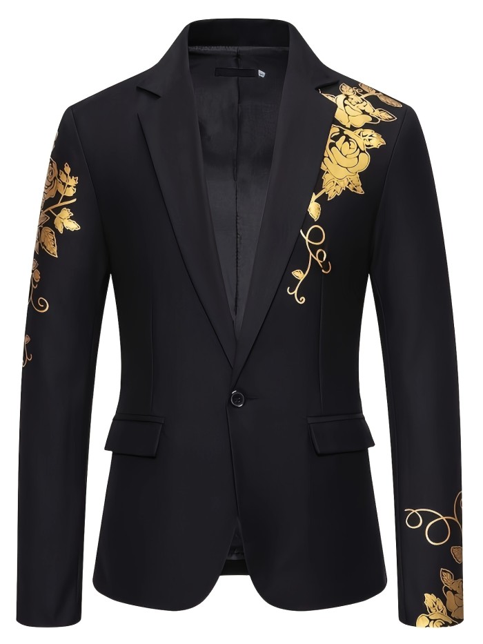 Floral Pattern Blazer, Men's Casual Flap Pocket Lapel Suit Jacket For Spring Fall Business, Old Money Style